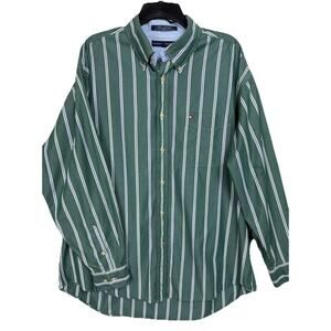 Tommy Hilfigure Men's XL Button Down Shirt Long Sleeves Green White Stripes